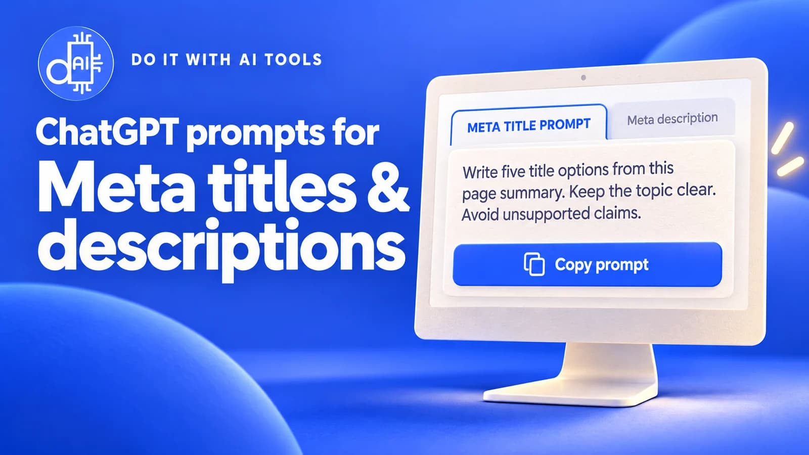 ChatGPT prompts for meta titles and descriptions, beside a screen showing a sample prompt and Copy prompt button in Do It With AI Tools blue branding.