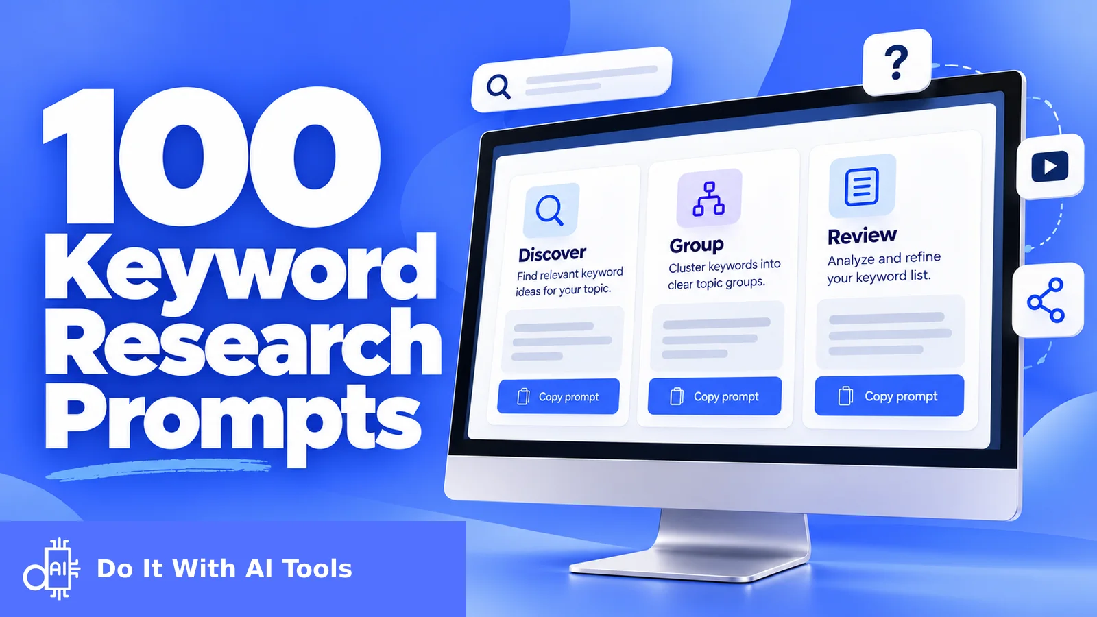 100 keyword research prompts beside a desktop screen with discover, group, review, and copy prompt controls.