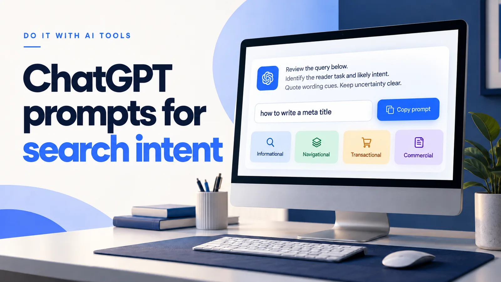 Search intent prompts beside a screen showing a query, reusable prompt, and Copy prompt button.