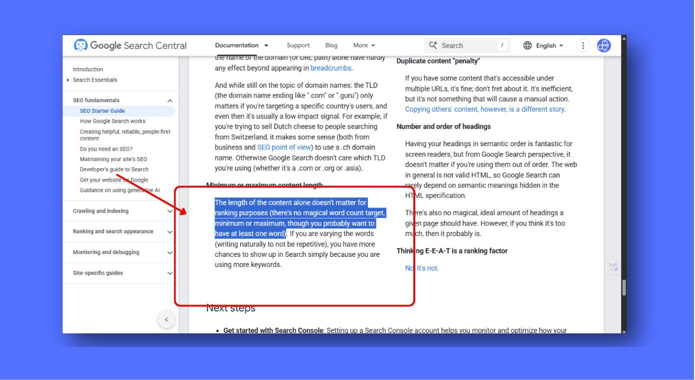 Screenshot from Google Search Central documentation confirming that word count alone does not matter for ranking purposes and there is no magical length target.