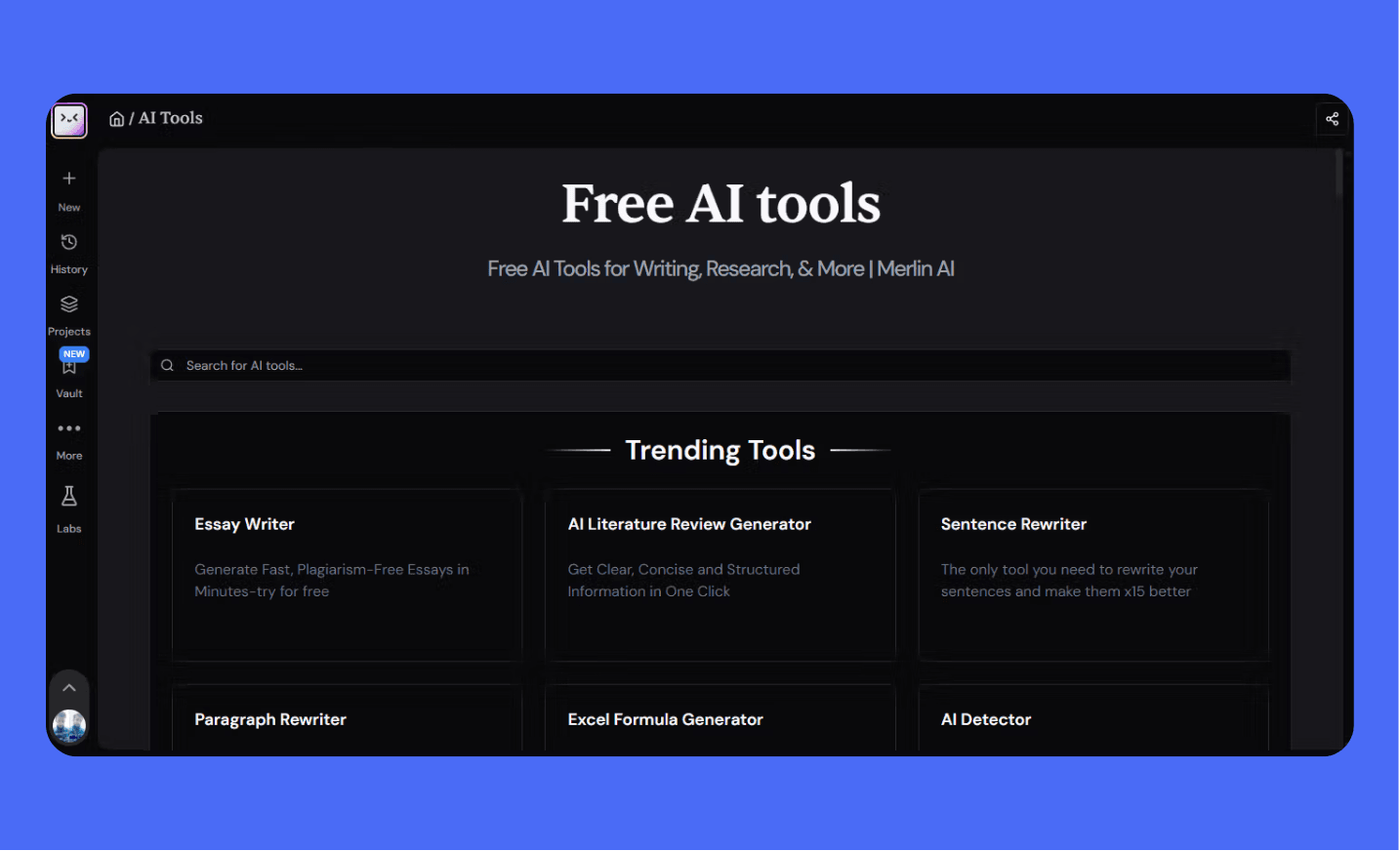 Merlin AI interface showcasing its 'Free AI tools' section, highlighting tools for essay writing, AI literature review, sentence rewriting, paragraph rewriting, Excel formula generation, and AI detection.