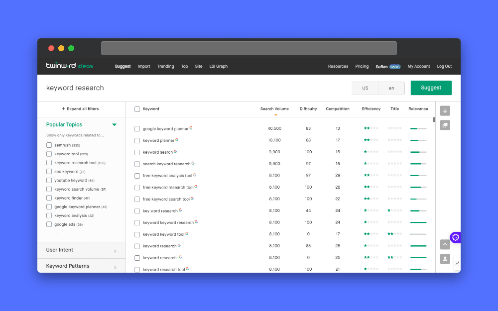 Screenshot of the Twinword keyword research interface, displaying keyword data like search volume, difficulty, competition, and efficiency, along with filtering options and keyword grouping
