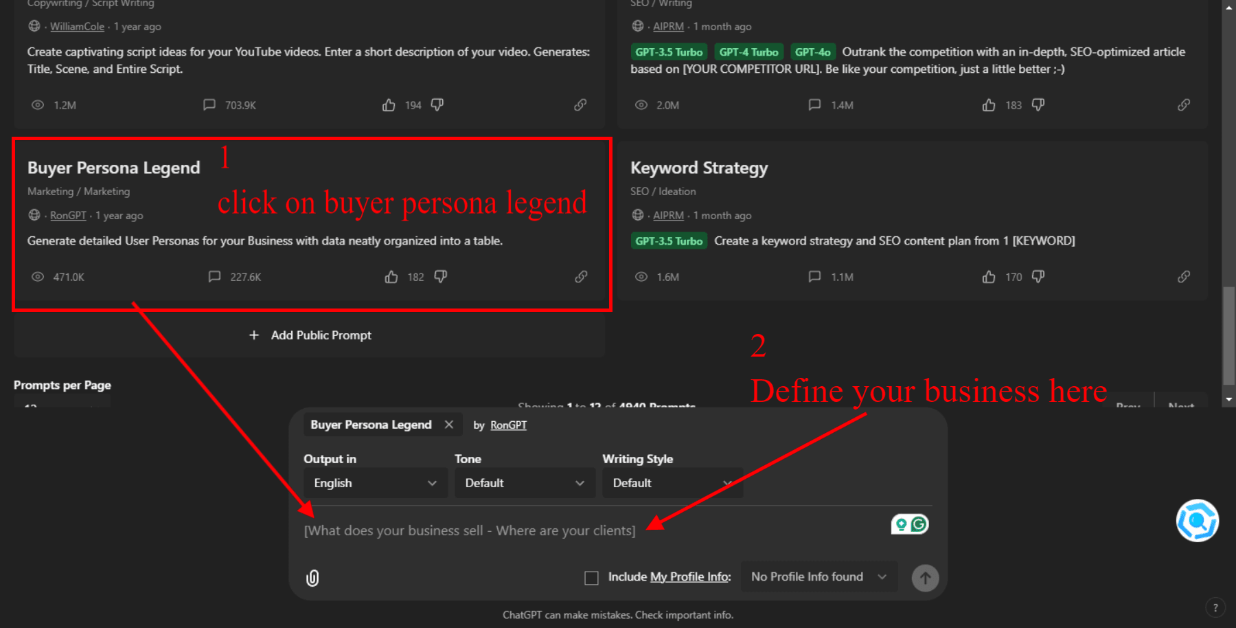 Screenshot of the AIPRM for ChatGPT interface showing the "Buyer Persona Legend" prompt. Highlights input fields for defining a business and generating detailed user personas with organized data.