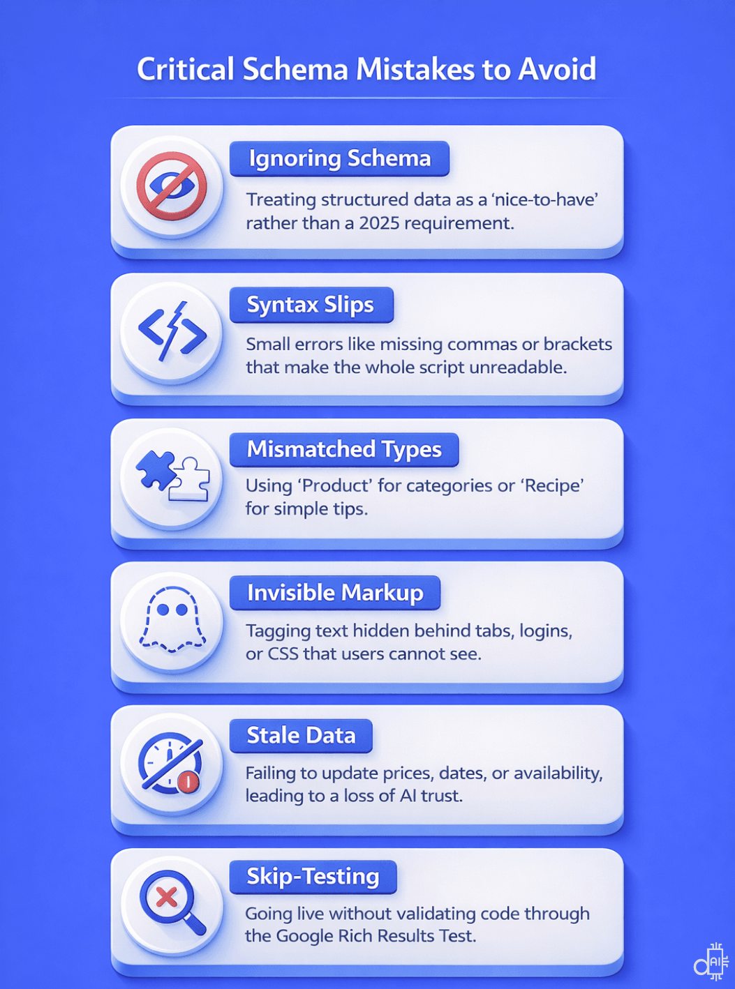 An infographic on a blue background listing six critical schema markup mistakes to avoid for better AI visibility. The visual covers common errors such as ignoring schema entirely, syntax slips like missing commas, and mismatched types. It also warns against using invisible markup, failing to update stale data, and skipping the essential testing phase before going live.
