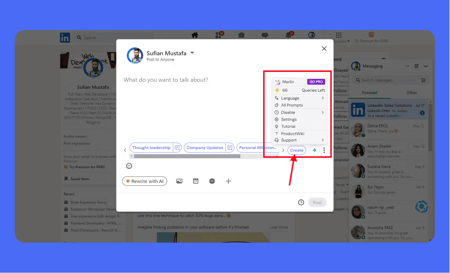 Merlin AI Chrome extension integrated with LinkedIn. Generate engaging LinkedIn posts easily with Merlin AI's LinkedIn Post Helper. Shows options for creating posts, accessing prompts, and other Merlin features within the LinkedIn interface.
