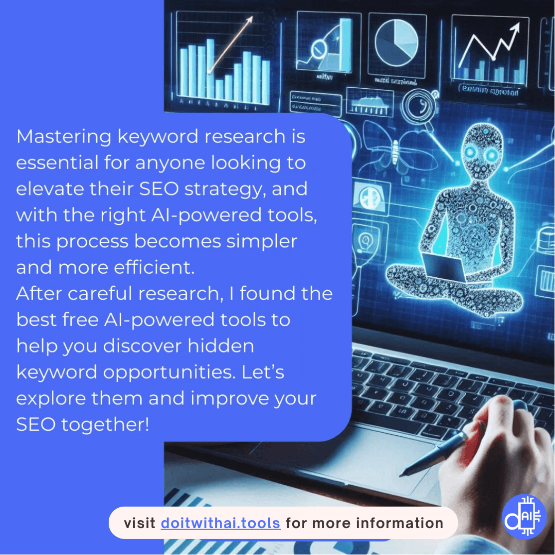 Promotional graphic about AI-powered keyword research tools, with an AI-generated background featuring data visualization and a human-like figure.