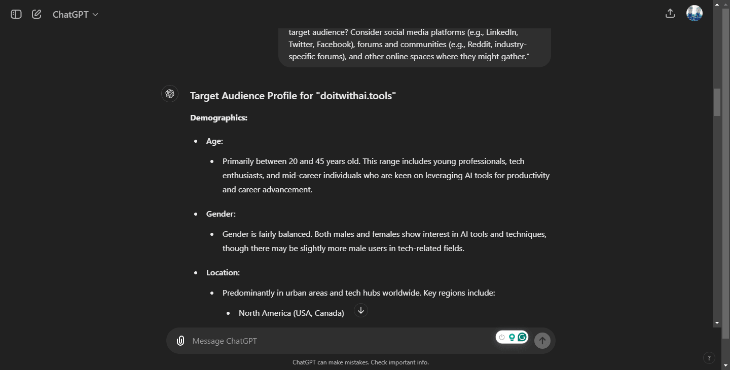 ChatGPT Generated Target Audience Profile. Screenshot shows ChatGPT's output providing detailed demographic information for the website "doitwithai.tools."