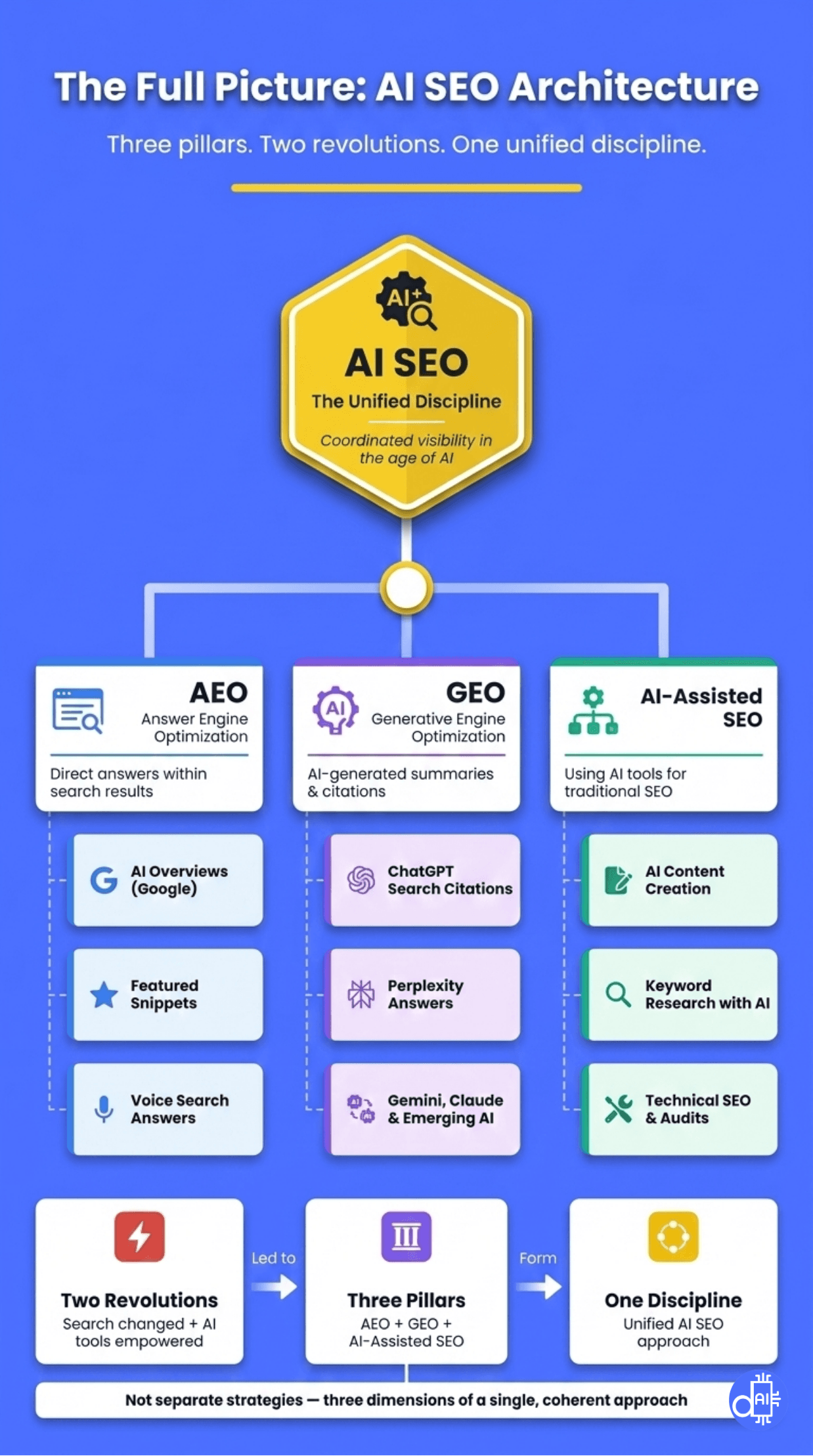 Infographic titled 'The Full Picture: AI SEO Architecture,' showing AI SEO as the top unified discipline. It branches into three pillars: AEO (Answer Engine Optimization) for direct answers, GEO (Generative Engine Optimization) for AI-generated summaries and citations, and AI-Assisted SEO for using tools in traditional workflows. A bottom flow chart illustrates how two revolutions led to these three pillars, forming one coherent AI SEO strategy.