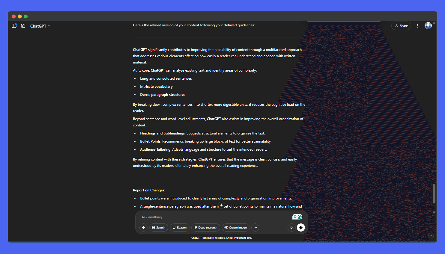 ChatGPT interface displaying a prompt asking for content refinement based on detailed guidelines, followed by a revised text output that addresses sentence structure, vocabulary, paragraph structure, clarity, conciseness, active voice, and formatting, along with a report on the changes made, such as introducing bullet points and simplifying paragraphs.