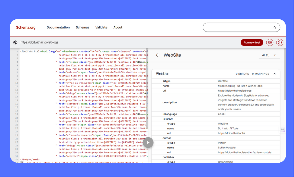 A screenshot of the official Schema.org Validator on a blue background auditing a webpage for the brand Do It With AI Tools. The interface features a side-by-side view with HTML source code on the left and a structured data breakdown on the right. The validation result shows a WebSite schema type with zero errors or warnings, clearly listing properties like the site name, URL, and author details for Sufian Mustafa.