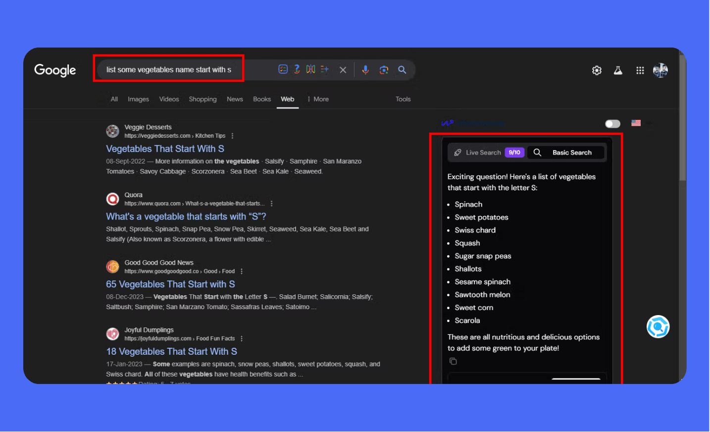 Merlin AI Chrome extension providing an instant answer to a user's query ("list some vegetables whose names start with s") directly within the browser. Highlights speed and efficiency compared to other extensions.