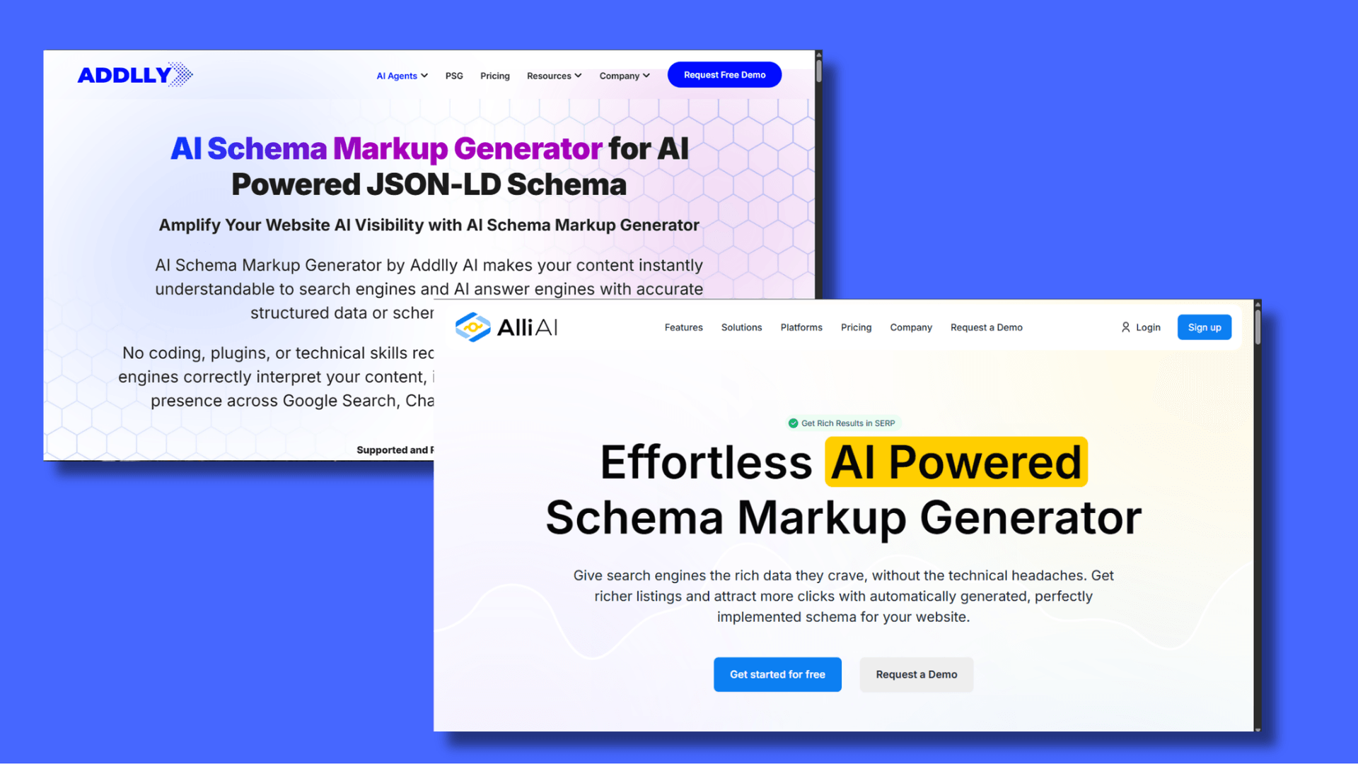 A comparison graphic on a blue background featuring two modern AI-powered schema tools: Addlly.ai on the left and Alli AI on the right. The Addlly interface highlights an AI Schema Markup Generator for creating technical JSON-LD code instantly, while the Alli AI panel emphasizes an effortless, automated approach to generating rich data without the need for manual coding or technical headaches.