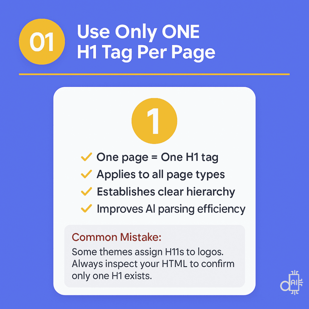 A professional infographic on a blue background titled Use Only ONE H1 Tag Per Page. The visual features a large number one in a gold circle, followed by a checklist confirming that this rule applies to all page types, establishes a clear hierarchy, and improves AI parsing efficiency. A "Common Mistake" box at the bottom warns users to inspect their HTML code because some website themes accidentally assign the h1 title to logos or navigation elements instead of the main content.