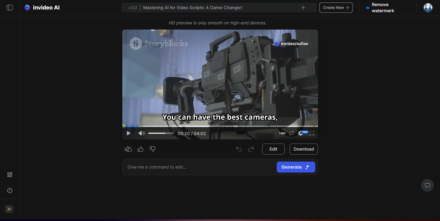 InVideo AI interface showing a video preview with subtitles, along with options to edit, download, and refine the video using AI commands