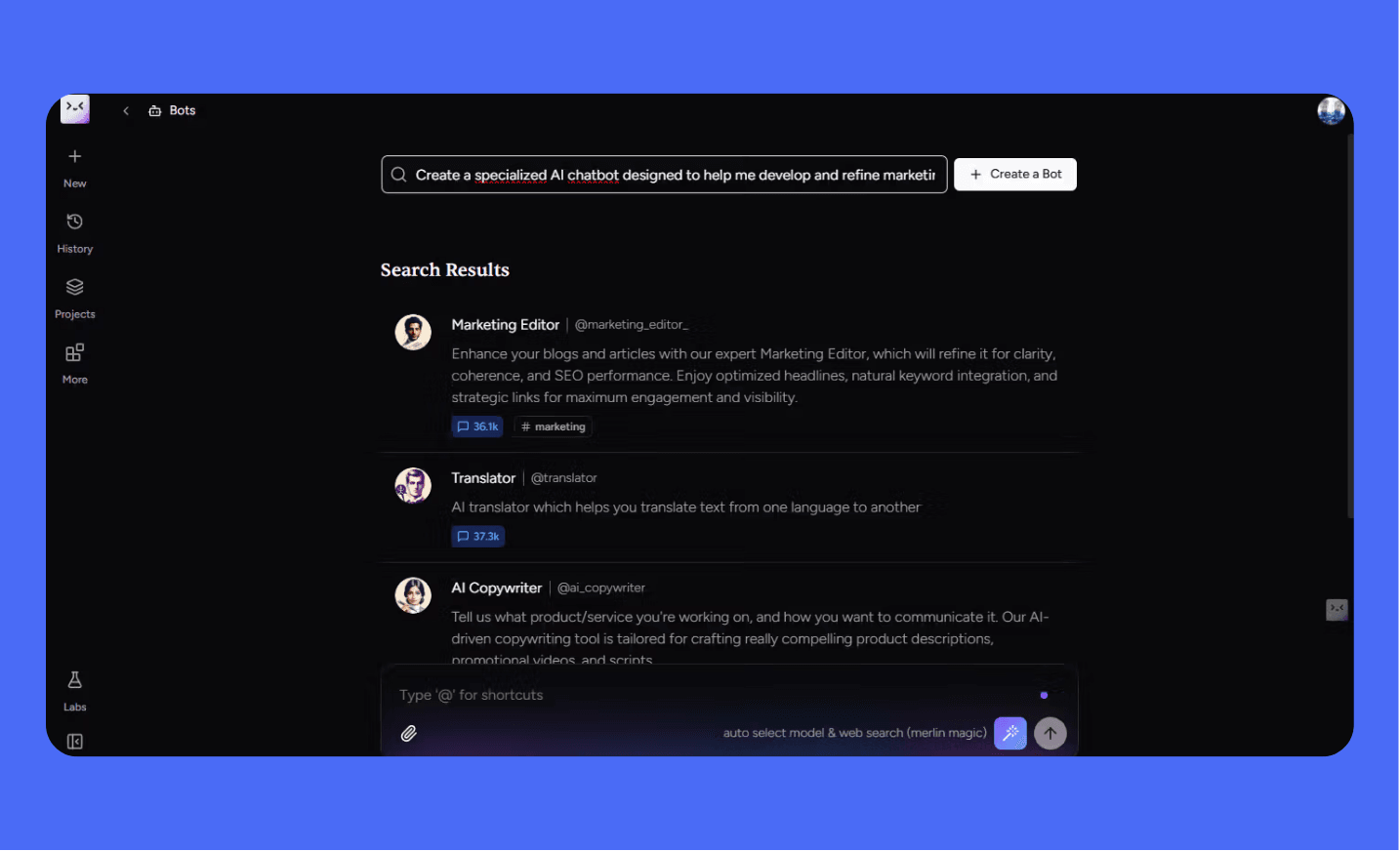 Screenshot of the Merlin AI Web App's "Bots" section, showing the prompt to "Create a specialized AI chatbot designed to help me develop and refine marketing..." It lists existing specialized bots like "Marketing Editor," "Translator," and "AI Copywriter."