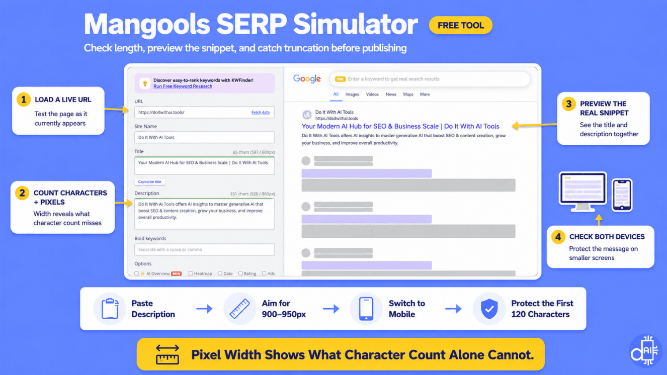 A product showcase diagram titled "Mangools SERP Simulator" highlighting four key steps—loading a live URL, measuring pixel width alongside character count, previewing search snippets, and checking both desktop and mobile views.