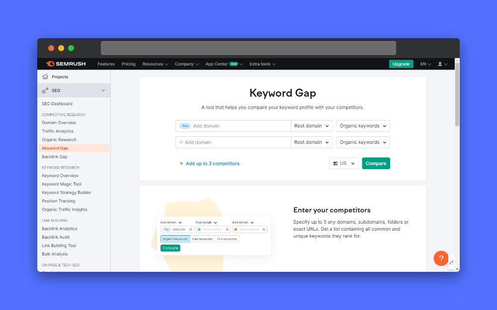 Screenshot of SEMrush's Keyword Gap tool interface, showing input fields for competitor domains, domain type selection, traffic type selection, and a compare button, with a description of the tool's functionality.