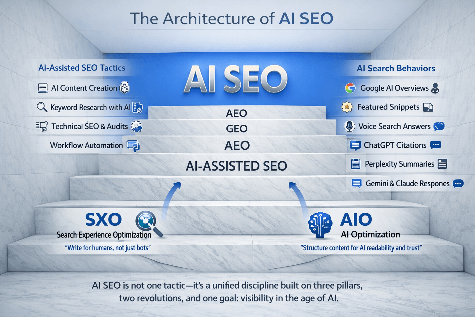 A 3D marble staircase diagram titled "The Architecture of AI SEO" illustrating a unified discipline. The top tier is labeled "AI SEO," supported by layers for "AEO," "GEO," and "AI-Assisted SEO." On the left, "AI-Assisted SEO Tactics" include content creation and technical audits; on the right, "AI Search Behaviors" list Google AI Overviews and ChatGPT citations. The base features two foundational pillars: "SXO (Search Experience Optimization)" to write for humans and "AIO (AI Optimization)" to structure content for machine trust.