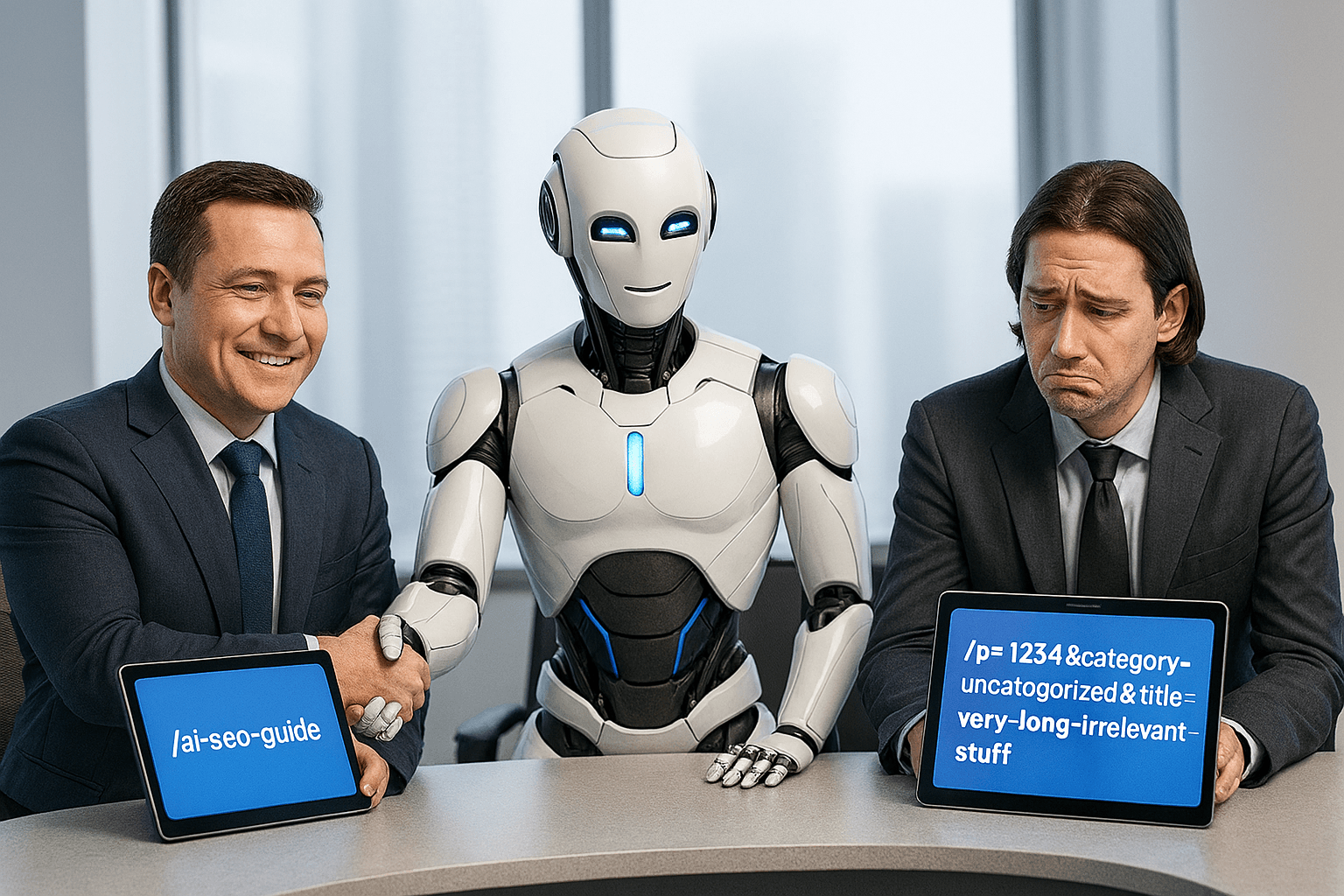 Conceptual image showing a business meeting with an AI robot at the center. A smiling man on the left holds a tablet displaying a clean, descriptive slug: '/ai-seo-guide/', and shakes the robot's hand. A frowning man on the right holds a tablet displaying a messy, auto-generated slug: '/p=1234&category-uncategorized&title=very-long-irrelevant-stuff/'. The image clearly conveys the AI's preference for concise, SEO-friendly slugs.