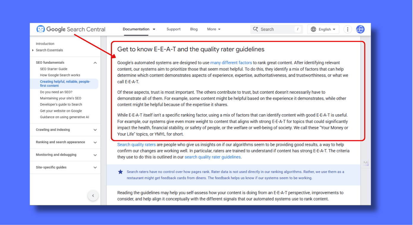 Screenshot of Google Search Central documentation explaining E-E-A-T guidelines for experience, expertise, authoritativeness, and trustworthiness in digital content.