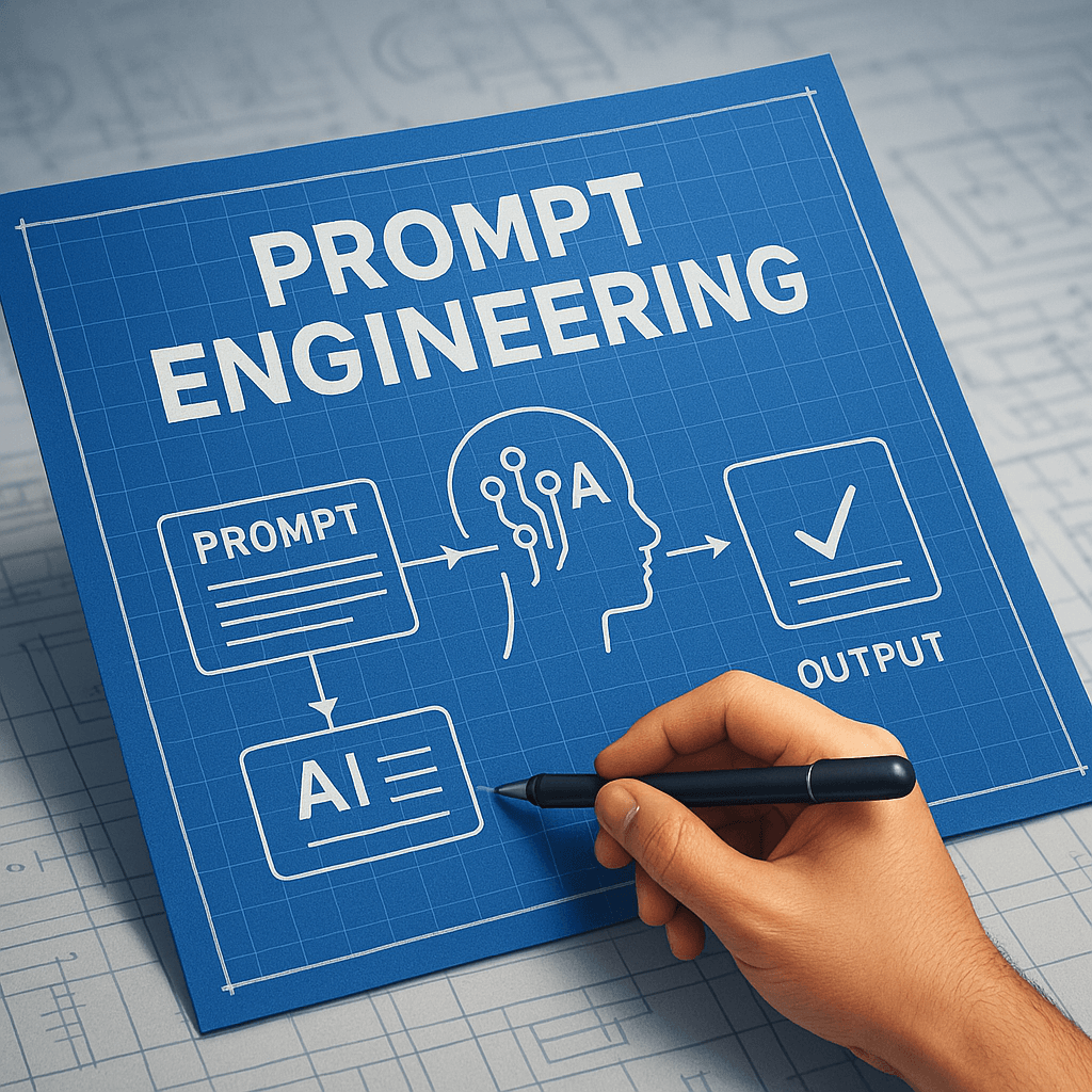 A blueprint-style illustration titled 'PROMPT ENGINEERING' showing a flow from 'PROMPT' being processed by 'AI' within a stylized human head, leading to a 'OUTPUT' marked with a checkmark. A hand is shown holding a pen, seemingly interacting with the diagram.