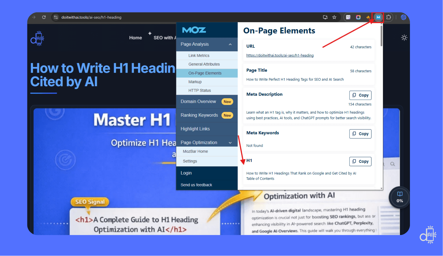 A high-fidelity screenshot on a blue background showing the MozBar extension interface overlaying a webpage. The "On-Page Elements" tab is active, displaying a structured list that includes the URL, Page Title, and the exact content of the h1 title. The visual highlights how the tool extracts on-page data into a clean, scannable window, making it easy to confirm heading accuracy and character counts without leaving the browser.