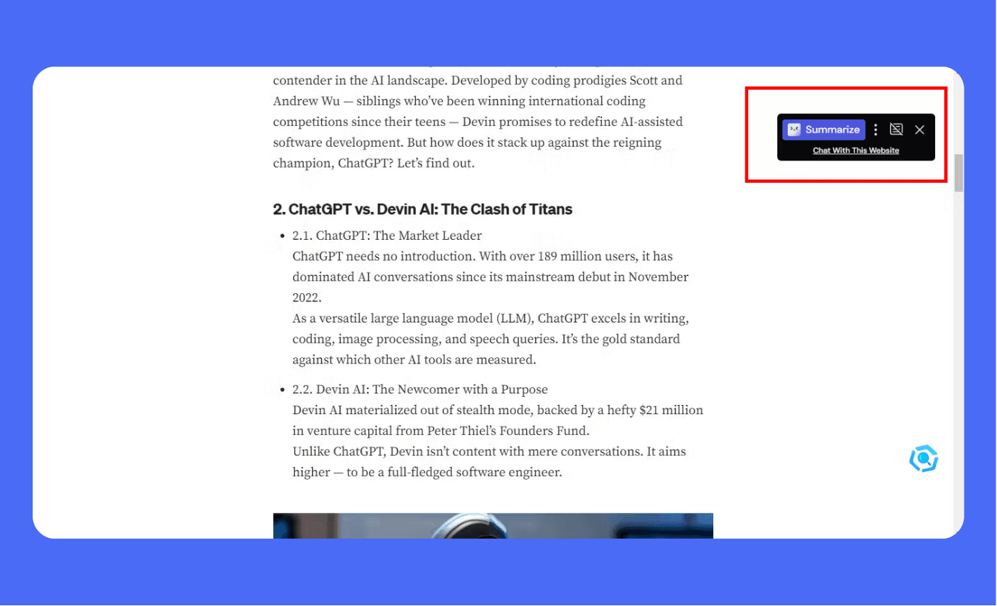 Merlin AI Chrome extension summarizing a Medium blog article. Features 'Summarize' and 'Chat With This Website' options. Quickly grasp key concepts without reading the entire article, especially helpful for long articles or staying updated on industry news