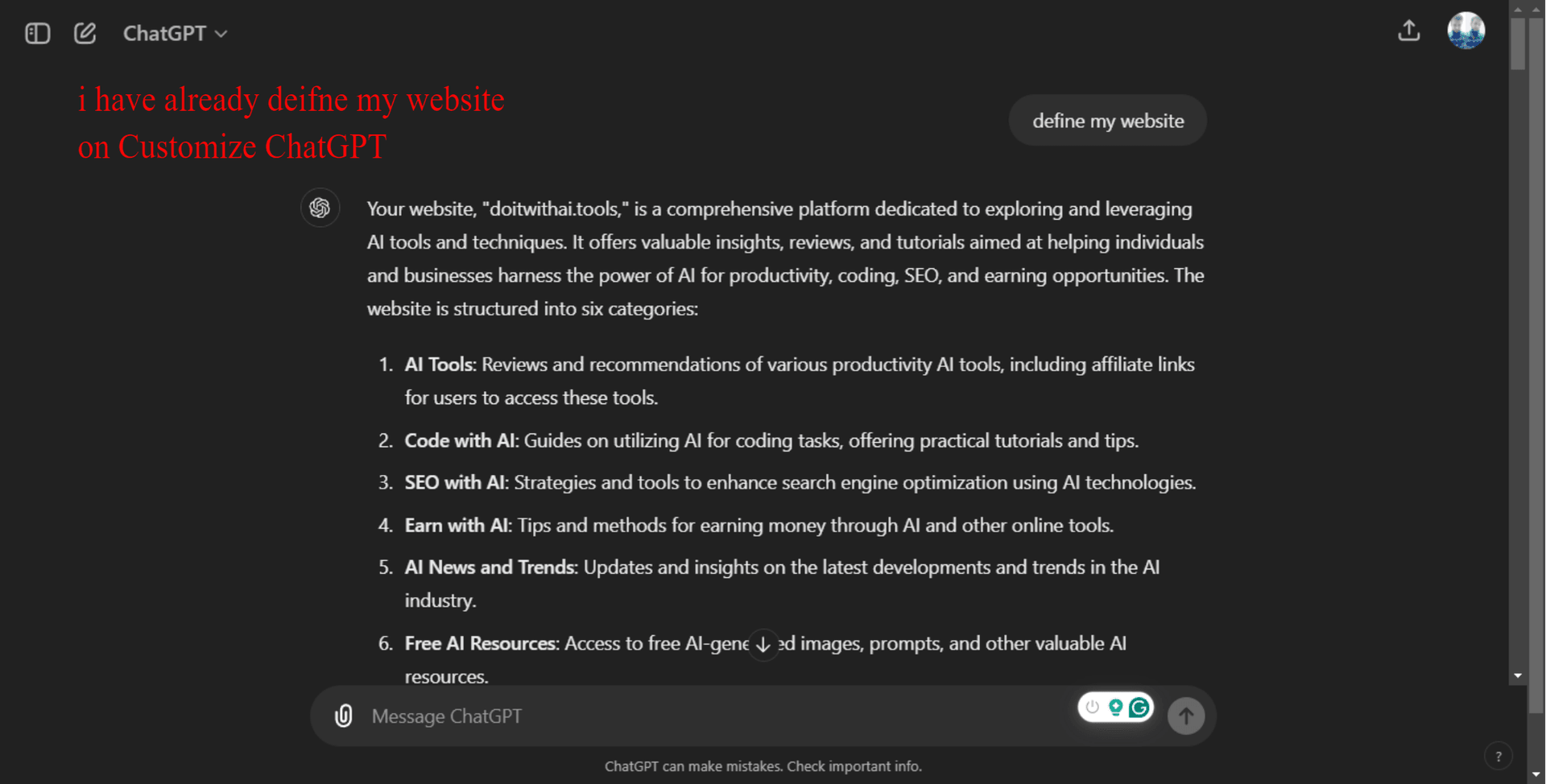 Defining Your Website on ChatGPT. Screenshot demonstrates the initial step of defining your website to ChatGPT for personalized assistance.