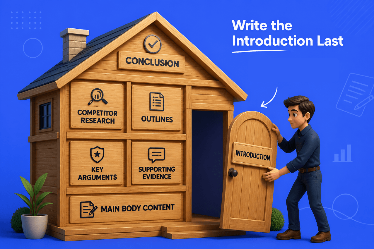 A 3D illustration of a man installing an 'Introduction' door onto a wooden house made of content blocks like Competitor Research, Outlines, Key Arguments, and Main Body Content, with text saying 'Write the Introduction Last.'