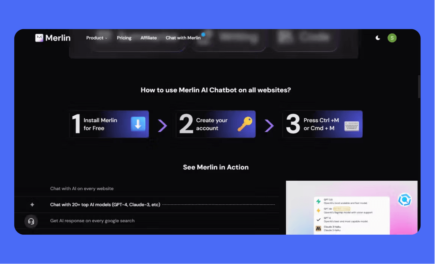 Diagram showing the three simple steps to start using Merlin AI: 1) Install Merlin for Free, 2) Create your account, and 3) Press Ctrl + M or Cmd + M to access the chatbot, highlighting the fast and easy setup.
