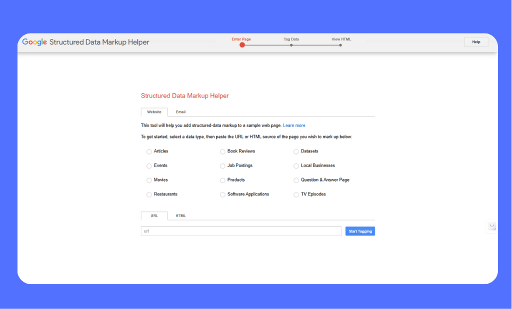 A screenshot of the Google Structured Data Markup Helper on a blue background, displaying the dual-pane interface used for visual tagging. The left side shows a live webpage where a user can highlight text like names, dates, and prices, while the right side features the "My Data Items" panel that tracks each assigned tag. The tool emphasizes a simplified workflow where selecting a data type and tagging elements leads to the automatic generation of sample HTML code.