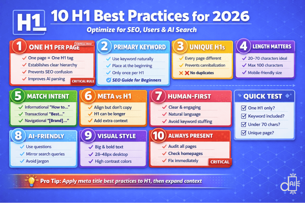 A detailed summary infographic on a blue background titled 10 H1 Best Practices for 2026. This visual shows ten numbered color-coded panels that outline the complete requirements for h1 title success, including technical rules like "One H1 Per Page" and "Length Matters," alongside strategic goals like "Match Intent" and "AI-Friendly" formatting. A "Quick Test" checklist on the right side helps you verify if your h1 title is present, unique, and under 70 characters, while a bottom "Pro Tip" suggests applying meta title best practices first before expanding the context for your on-page heading.
