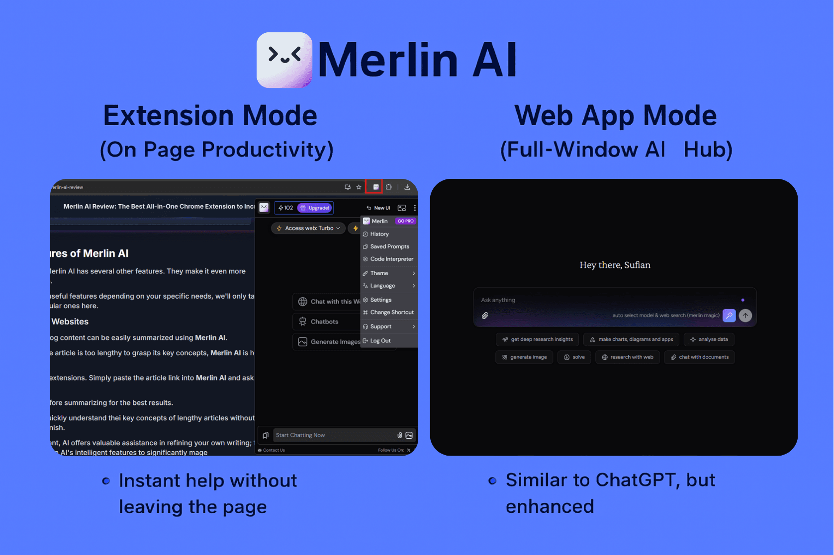 Diagram illustrating the two primary modes of Merlin AI: Extension Mode for On-Page Productivity (sidebar access) and Web App Mode (full-window) for an enhanced, comprehensive AI hub interface, showing the Merlin AI logo.