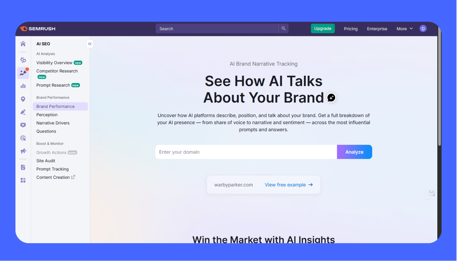 Screenshot of the Semrush AI Brand Narrative Tracking tool's interface, with the headline 'See How AI Talks About Your Brand,' emphasizing that the tool uncovers how AI platforms describe, position, and talk about a brand.