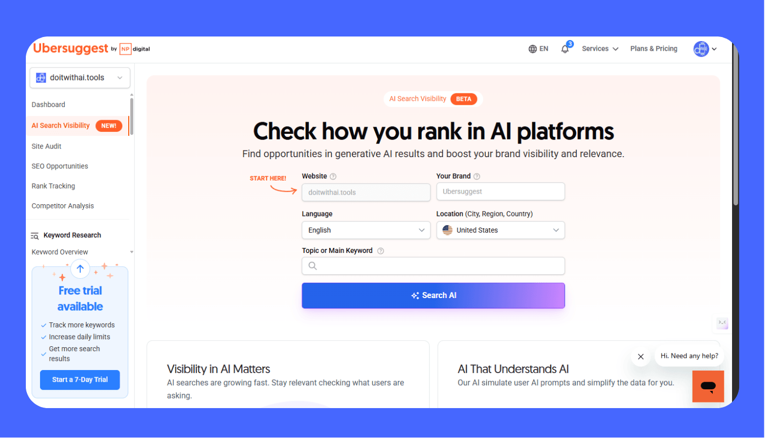 Screenshot of the Ubersuggest AI Search Visibility tool, showing input fields for Website (doitwithai.tools) and Brand (Ubersuggest), designed to check a site's ranking and discover opportunities in generative AI search platforms.