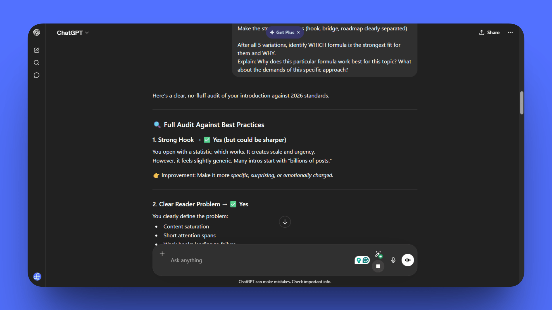A ChatGPT window titled "Full Audit Against Best Practices" showing a checklist. It evaluates the "Strong Hook" as a "Yes (but could be sharper)" and confirms a "Clear Reader Problem" is present with bullet points for content saturation and short attention spans.