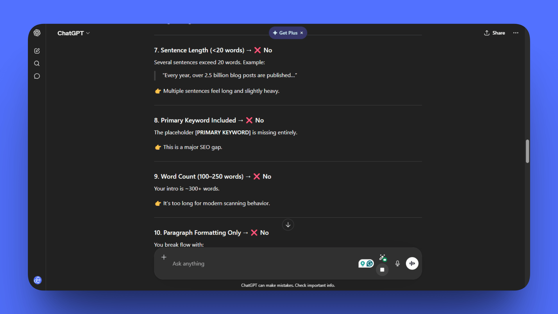 A ChatGPT audit screen showing "No" marks and red X icons for categories like Sentence Length, Primary Keyword Inclusion, and Word Count. The AI identifies a 300-word intro as being "too long for modern scanning behavior."