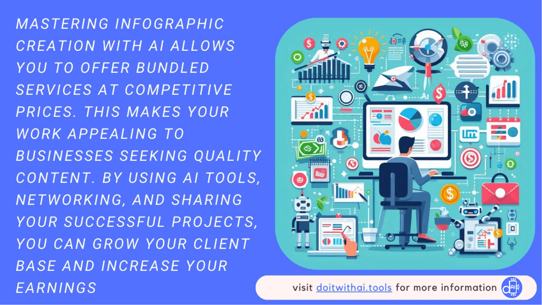 Infographic titled 'Monetizing Your Infographic Creation Skills' outlining strategies such as offering bundled services, setting competitive prices, and leveraging AI tools, with an illustration of a person working at a computer with digital tools, highlighting how AI enhances earning potential.