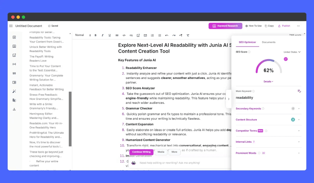 A screenshot of the Junia AI content editor featuring a sidebar for "Google Search Rankings." The dashboard displays real-time SEO analysis, including keyword density, a content score of 82%, and a list of target keywords like "AI content marketing" and "future of SEO." The main editor shows a structured article being drafted with a clear focus on search intent and user engagement.