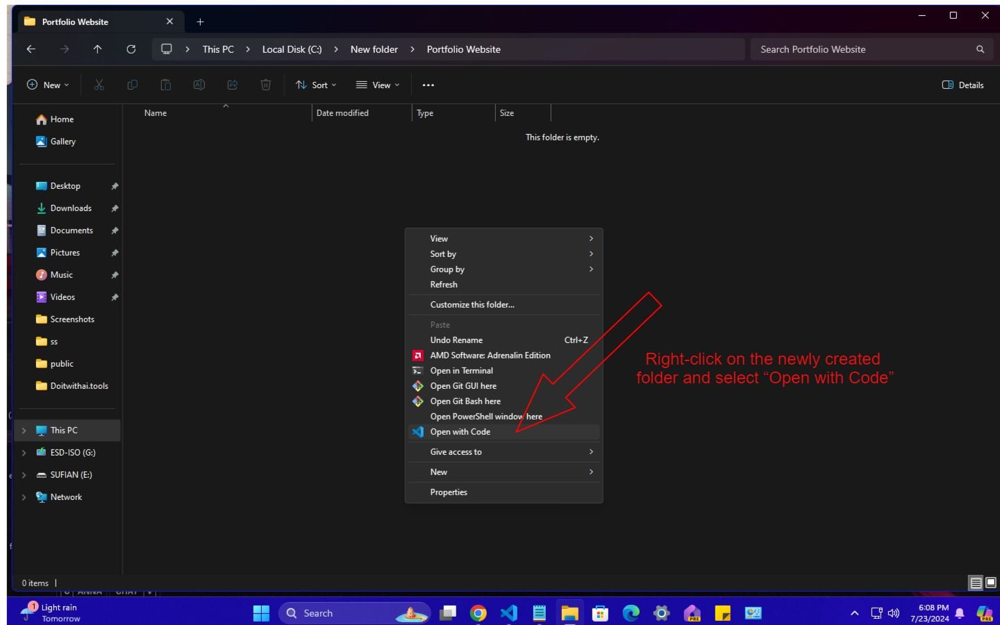 Screenshot of a file explorer window with a newly created folder named 'Portfolio Website,' and an arrow pointing to the 'Open with Code' option in the context menu, illustrating the setup of a project directory for website development.