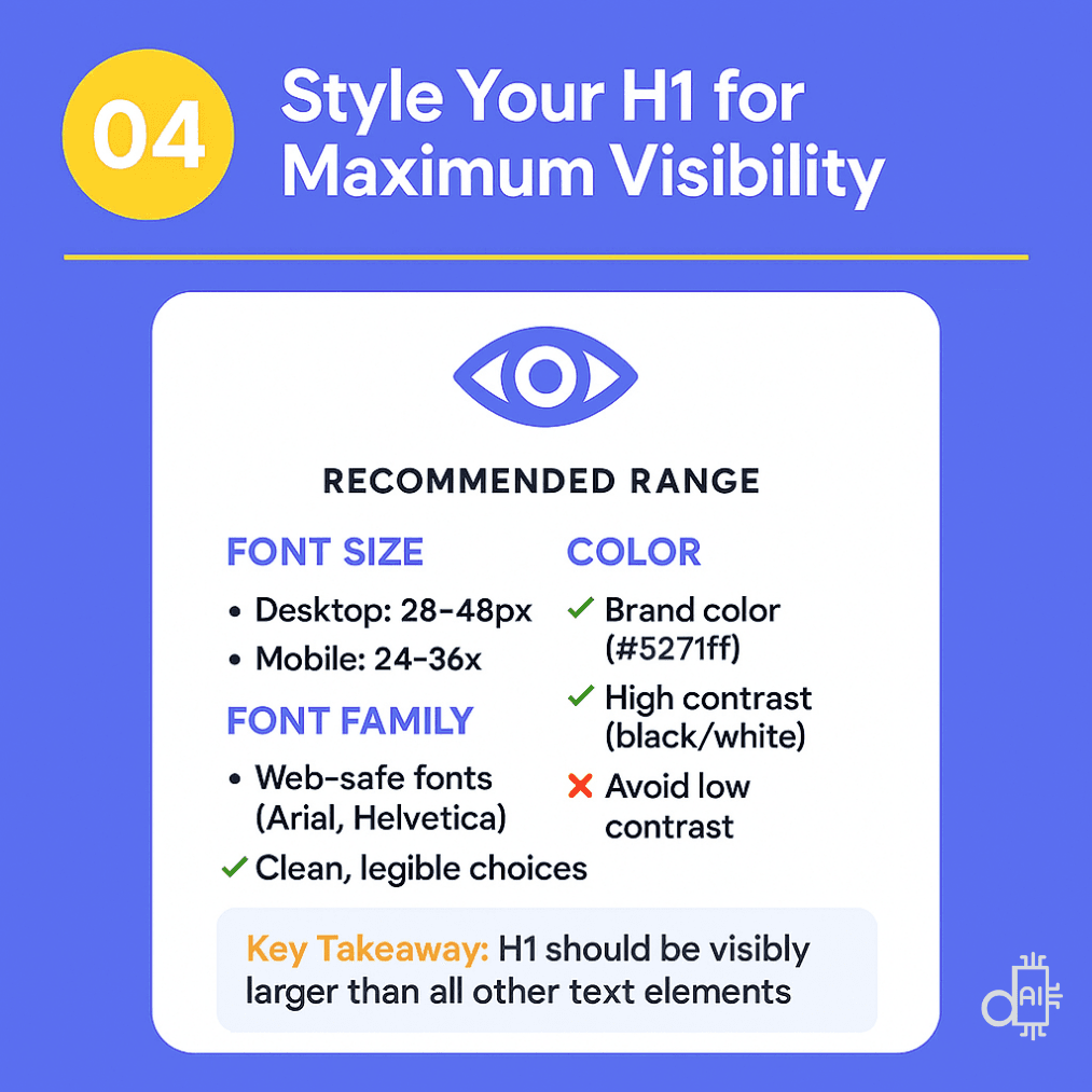 A technical styling infographic on a blue background titled Style Your H1 for Maximum Visibility. The graphic outlines recommended ranges for font size on desktop (28–48px) and mobile (24–36px), suggests using clean, web-safe fonts like Arial or Helvetica, and emphasizes the use of brand colors like #5271ff with high contrast. A "Key Takeaway" box at the bottom highlights that the h1 title must be visibly larger than every other text element on the page for proper hierarchy.