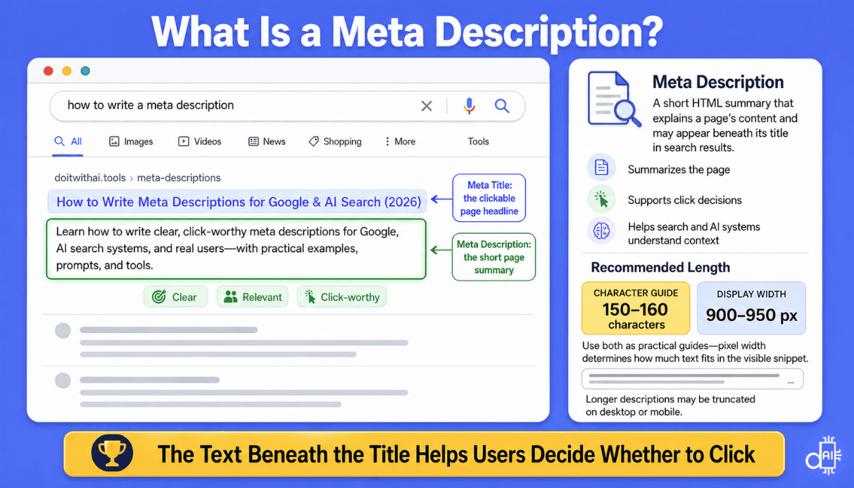 A detailed SERP snippet breakdown diagram titled "What Is a Meta Description?" showing a search result example with highlighted meta title and meta description boxes alongside technical specifications like the 150–160 character limit and 900–950 pixel display width guide.