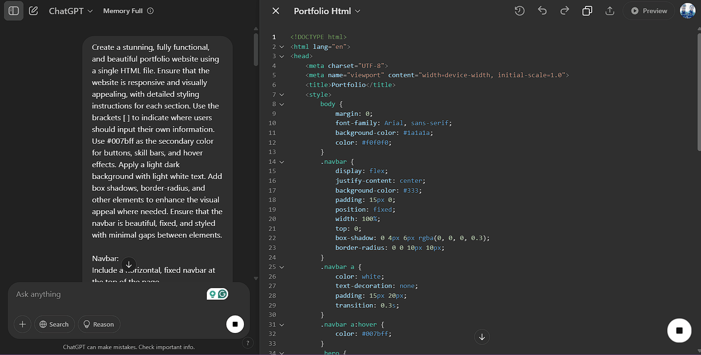 Split-screen image showing ChatGPT on the left with a prompt for generating HTML code for a portfolio website and Visual Studio Code on the right with the generated HTML code, illustrating the use of AI to create website code.