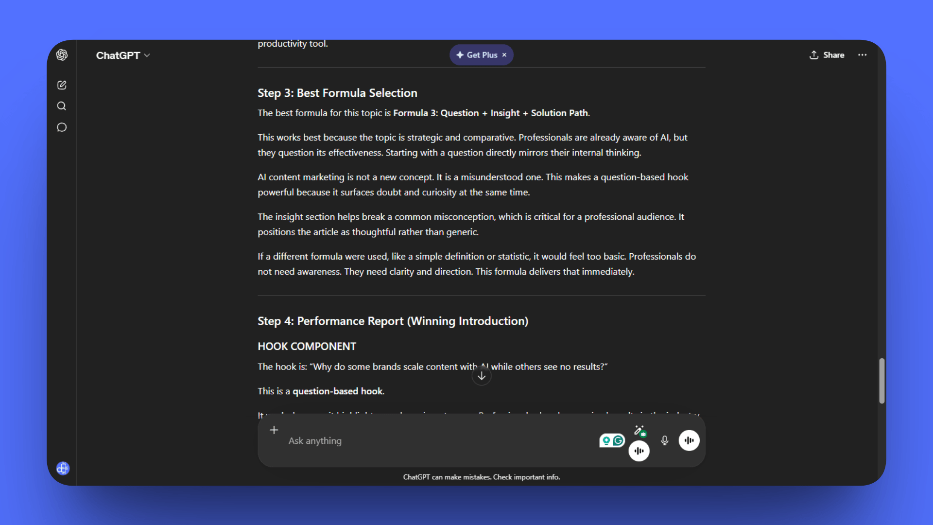 A ChatGPT screen showing "Step 3: Best Formula Selection" and "Step 4: Performance Report." The AI recommends Formula 3 for strategic topics and breaks down the "Hook Component," explaining why a question-based hook works for professional audiences.