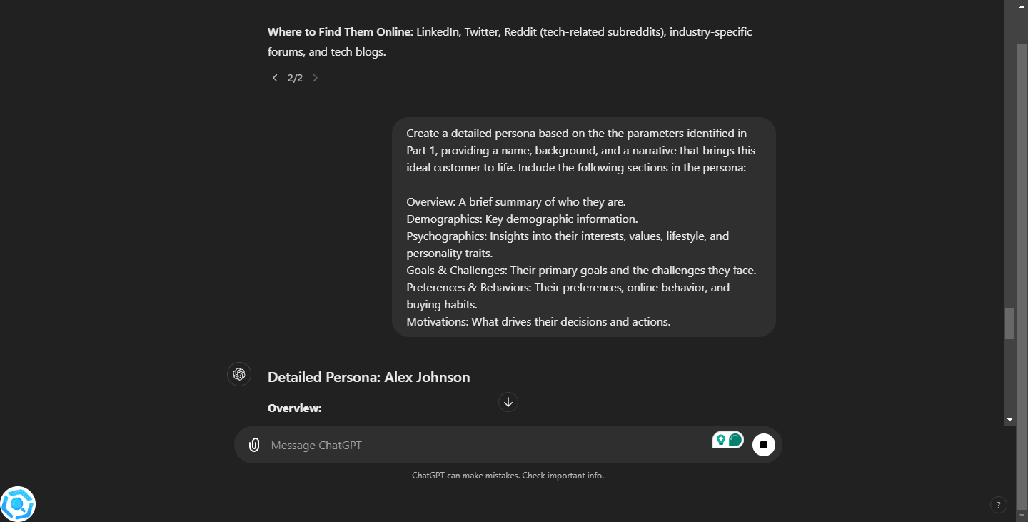 ChatGPT: Creating Buyer Personas. Screenshot shows the prompt for ChatGPT to create a detailed buyer persona based on the previously identified target audience characteristics.