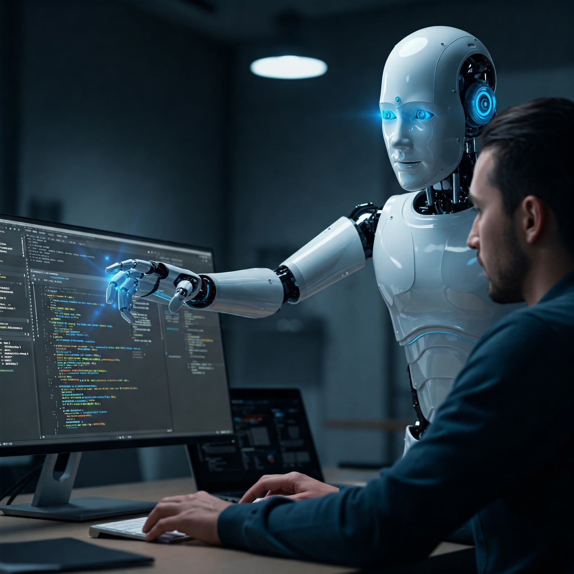 A human developer coding on a computer with a humanoid robot standing behind, its hand gesturing towards the code on the screen, symbolizing AI assistance in software development.