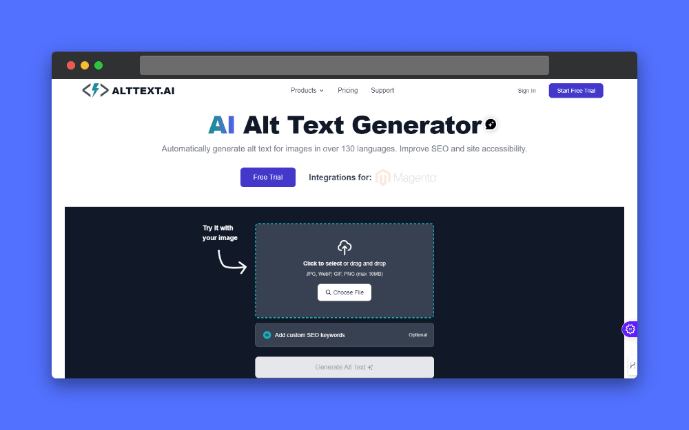 Screenshot of alttext.ai, a free AI tool that generates SEO-friendly alt text descriptions for images. Upload your image and alttext.ai will automatically create descriptions using advanced deep learning and computer vision. Key features include adding product details for e-commerce, incorporating targeted SEO keywords, and customization with ChatGPT prompts