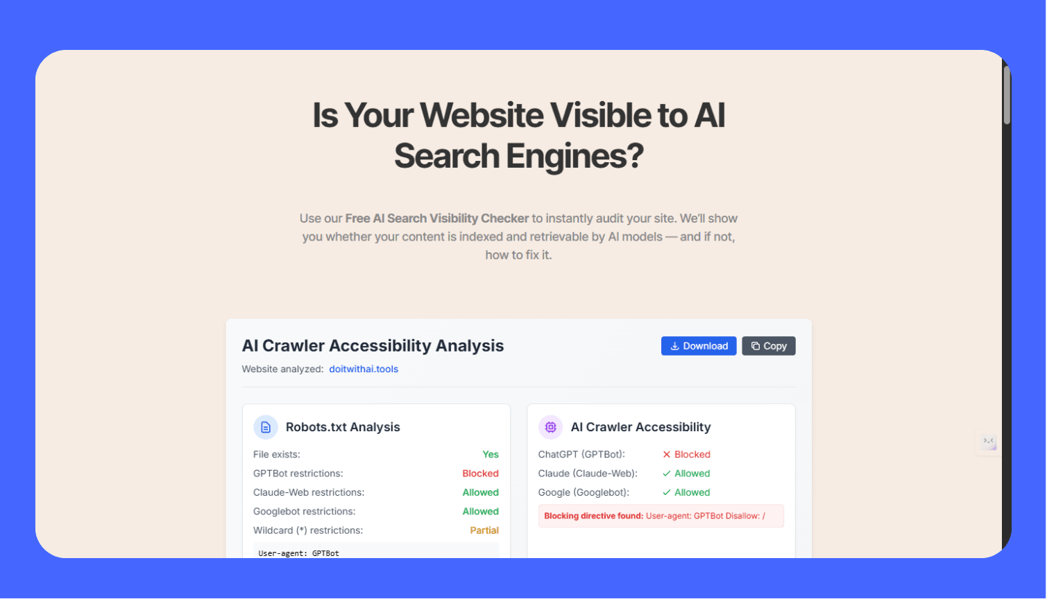 Screenshot of the Adamigo AI Crawler Accessibility Analysis tool, with the headline 'Free AI Crawler Accessibility Checker: Can ChatGPT Crawl Your Site?' The tool checks a website's robots.txt file to determine if AI bots like GPTBot are being blocked.