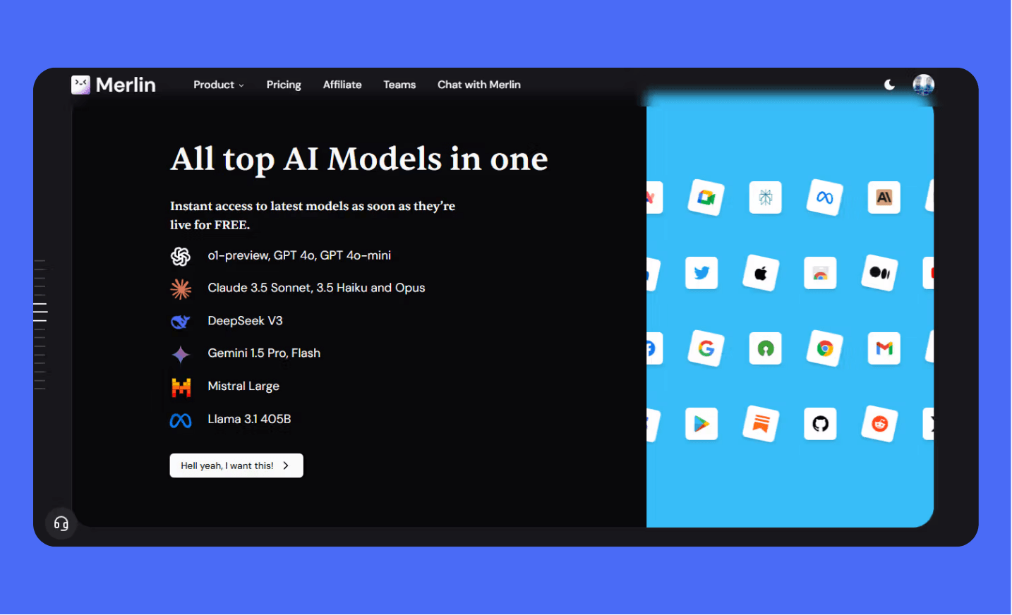 Merlin AI website section highlighting access to top AI models including GPT-4, Claude, Gemini, Mistral Large, and Llama, emphasizing free instant access