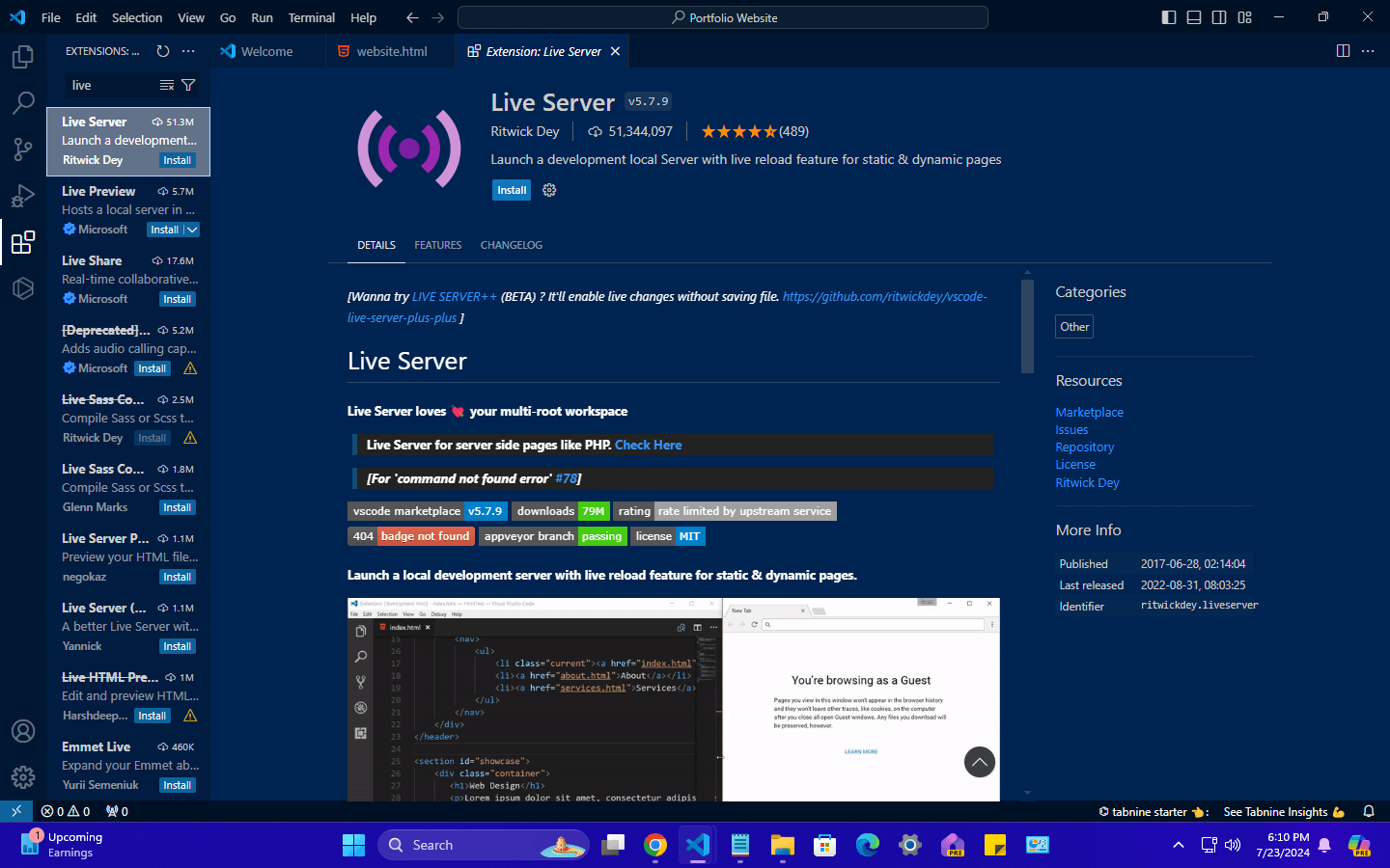 Screenshot of Visual Studio Code with the Live Server extension installed and active, showing the extension's details and the 'Open with Live Server' option, illustrating the use of Live Server for website preview and live reload.